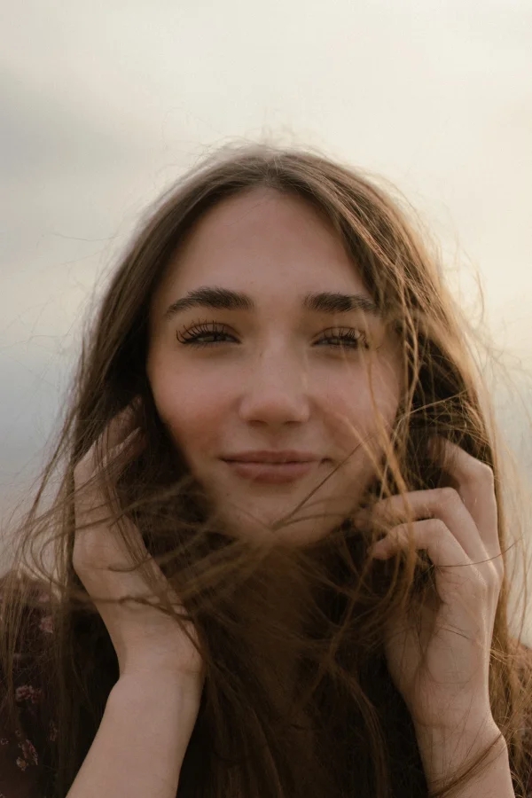 A windy, close-up portrait